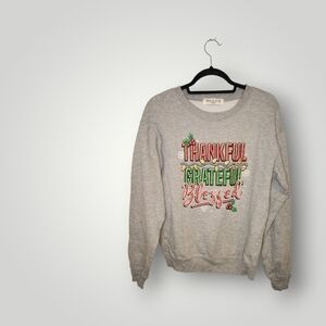 Wound Up Gray Thankful Grateful Blessed Sweater ugly sweater holiday size S 3 5